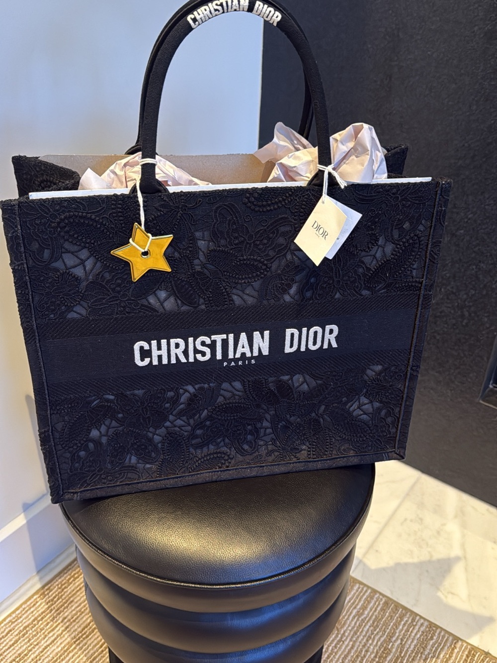 Dior Black Lace Christian Dior Book Tote with Yellow Star Charm